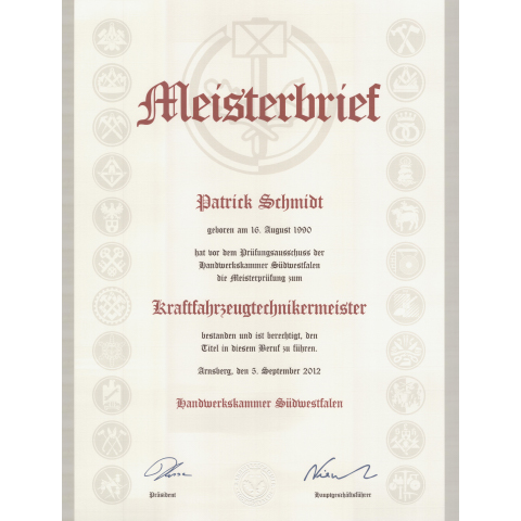 Zertifikat - Meisterbrief KFZ Sachverständiger